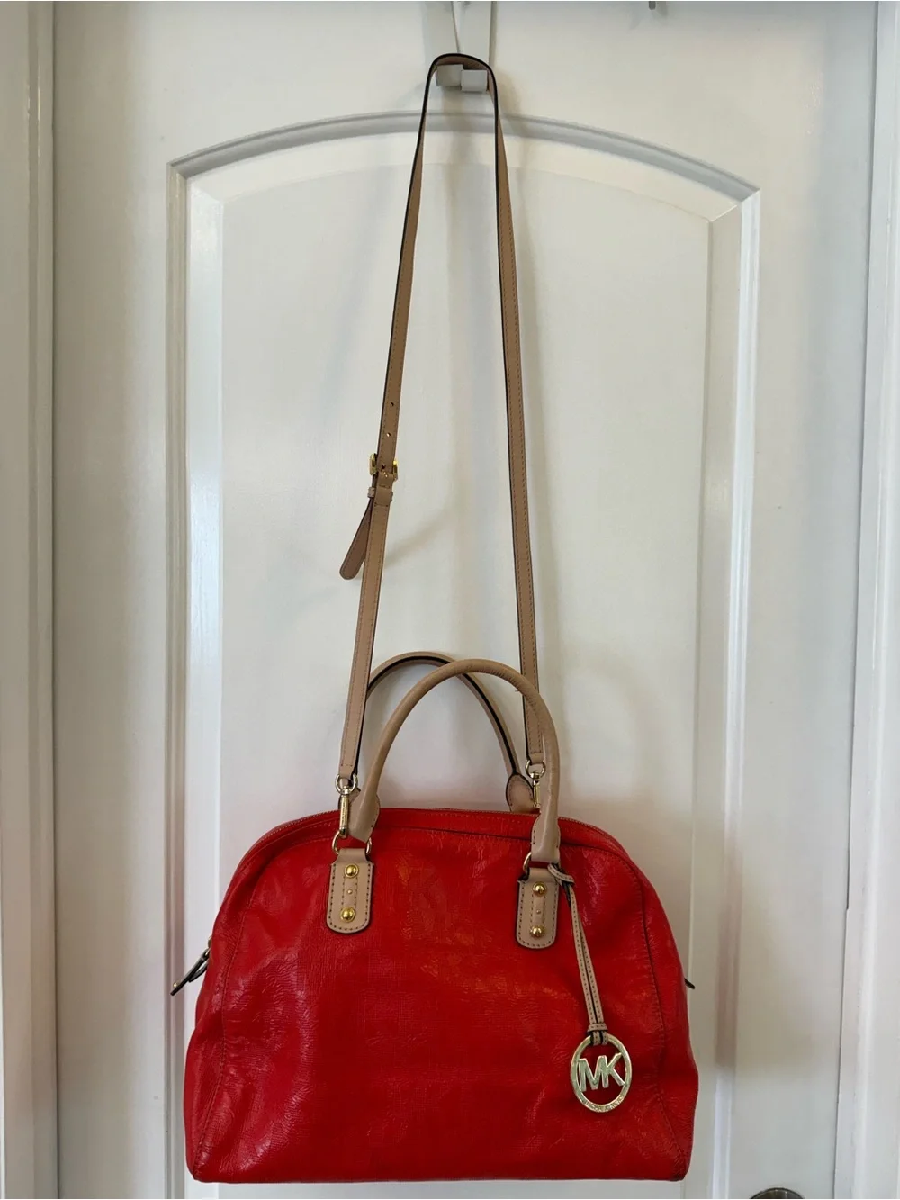 Michael Kors Reddish Orange Leather Crossbody Grayson Satchel. Tan Trim.